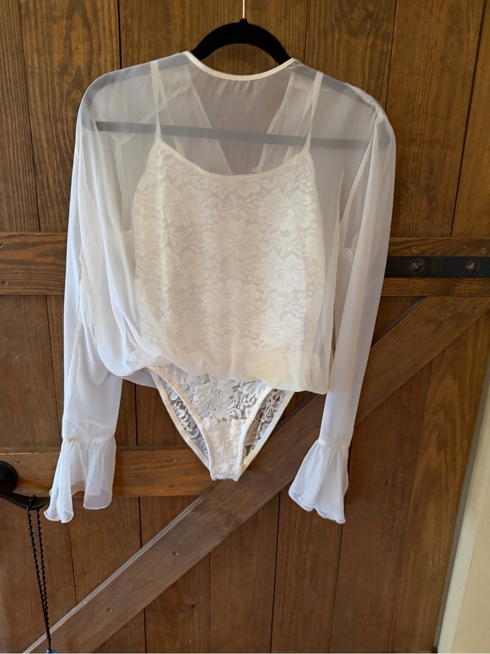 Sheer Lace Chemise Set in White with Long-Sleeve Overlay